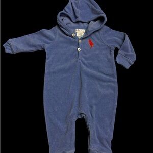 Ralph Lauren Blue Hooded Footie with Red Logo